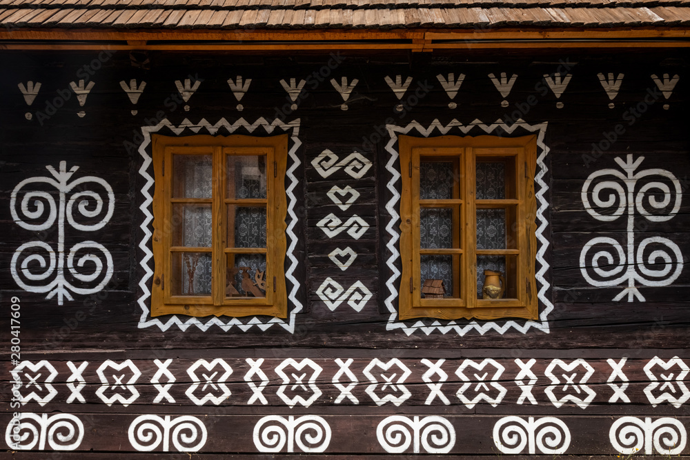Old wooden houses in Slovakia UNESCO village Cicmany. The ornaments from Cicmany, and the Slovak folk pattern.