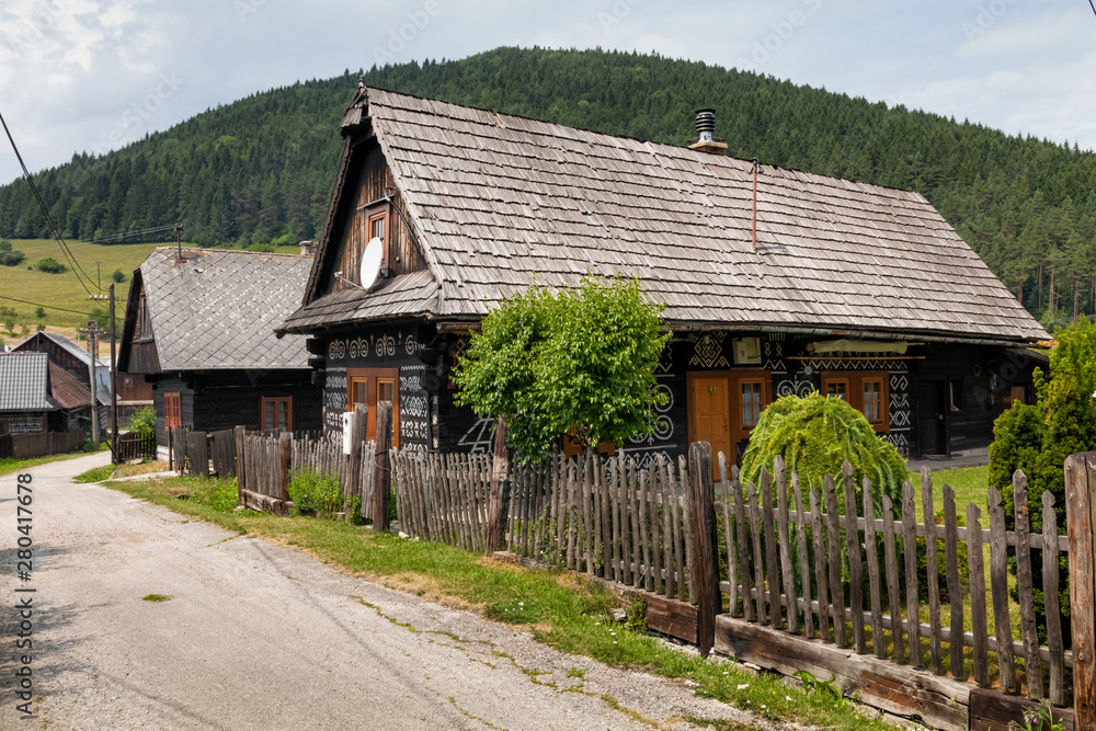 Old wooden houses in Slovakia UNESCO village Cicmany. The ornaments from Cicmany, and the Slovak folk pattern.