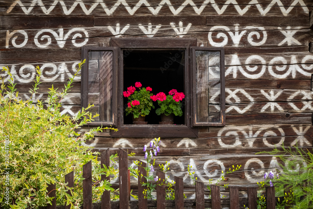 Old wooden houses in Slovakia UNESCO village Cicmany. The ornaments from Cicmany, and the Slovak folk pattern.