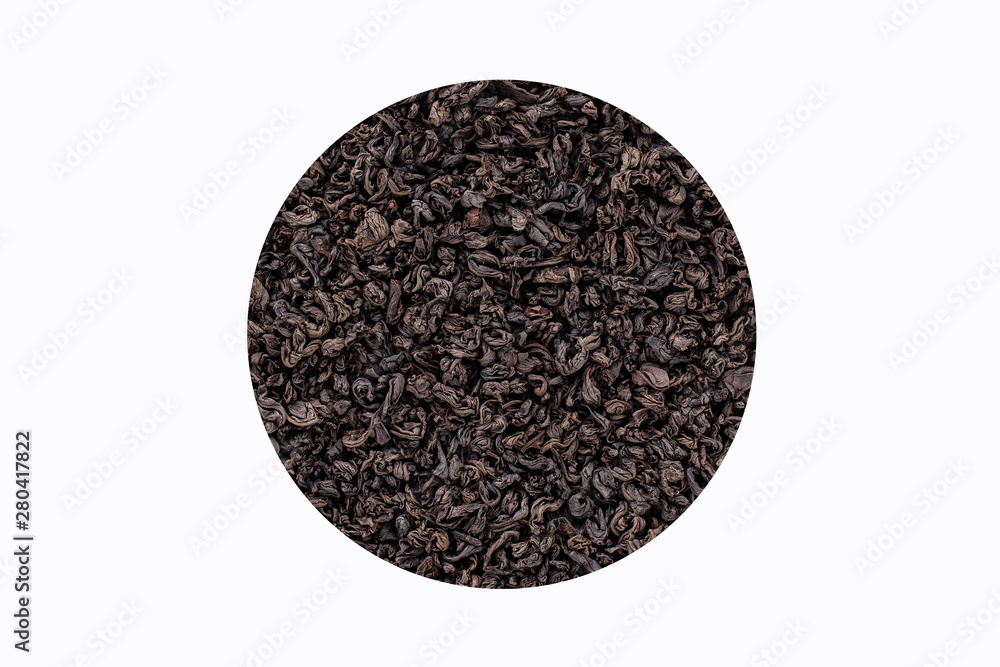 Black tea texture in a circle. Black tea loose dried tea leaves. Top view of black tea, marco. Black tea texture in a circle. Black tea loose dried tea leaves. Top view of black tea, marco.