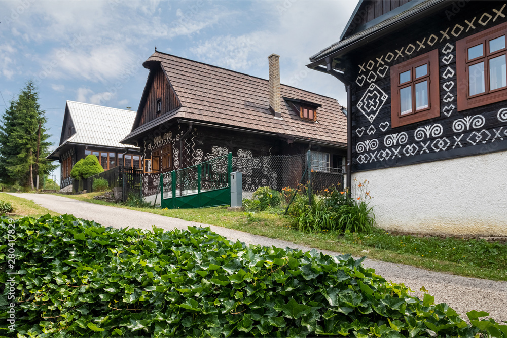Old wooden houses in Slovakia UNESCO village Cicmany. The ornaments from Cicmany, and the Slovak folk pattern.