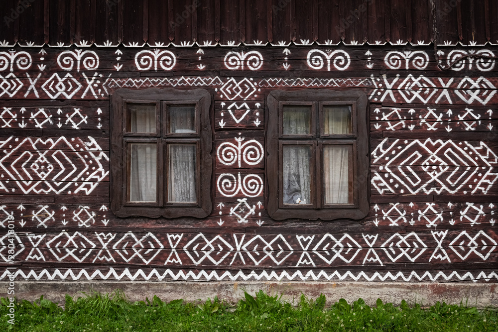 Old wooden houses in Slovakia UNESCO village Cicmany. The ornaments from Cicmany, and the Slovak folk pattern.