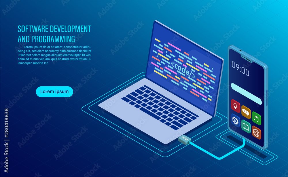 software development and coding. programming of concept. data processing. Computer code with window interface. flat isometric illustration software development and coding. programming of concept. data processing. Computer code with window interface. flat isometric illustration