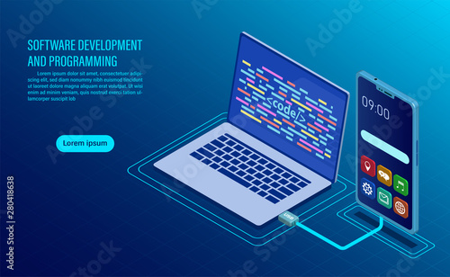 software development and coding. programming of concept. data processing. Computer code with window interface. flat isometric illustration