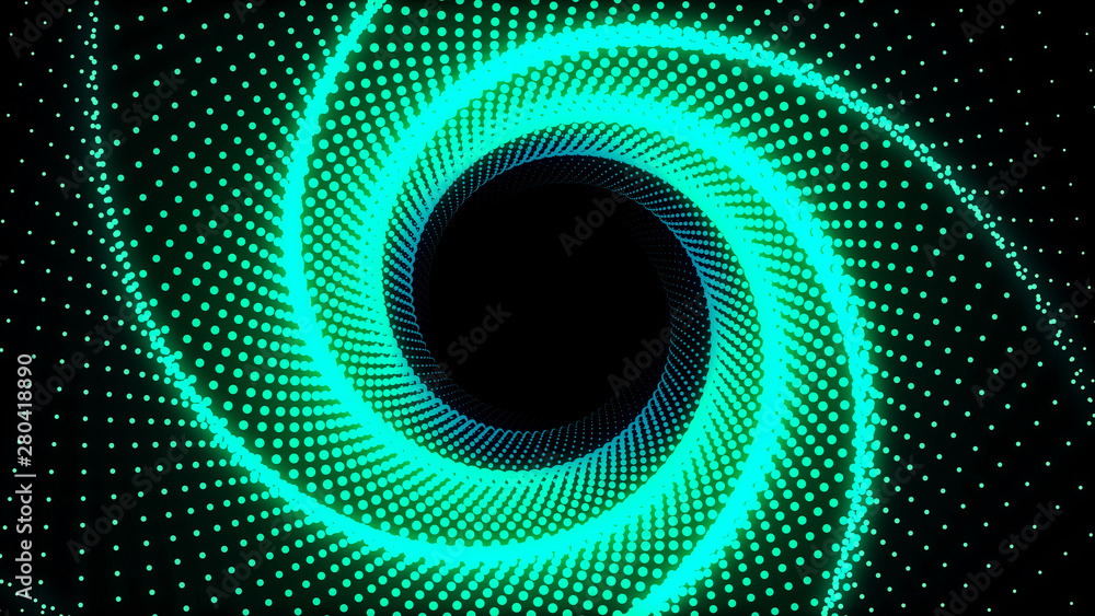 3d Illustration, Green dots lined up in lines It was put together until it was a pantagon pipe and it is twisted until it the same circle. 3d Illustration, Green dots lined up in lines It was put together until it was a pantagon pipe and it is twisted until it the same circle.