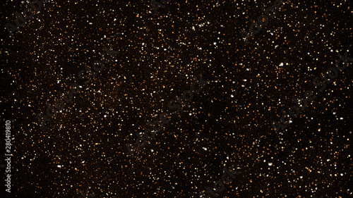 3D illustrations, small gold dust, graphics of fire flakes, particle points and yellow-orange circles throughout the image