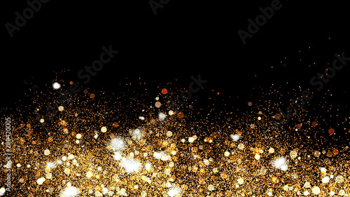3d Illustration, Small gold dust, graphics of fire flakes, particle points and yellow-orange circles at below the frame