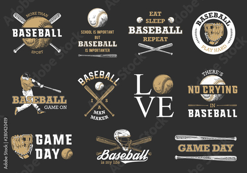 Set of 11 engraved style illustrations for posters, decoration, t-shirt design. Hand drawn baseball sketches with motivational typography isolated on black background. Detailed vintage drawing logo.