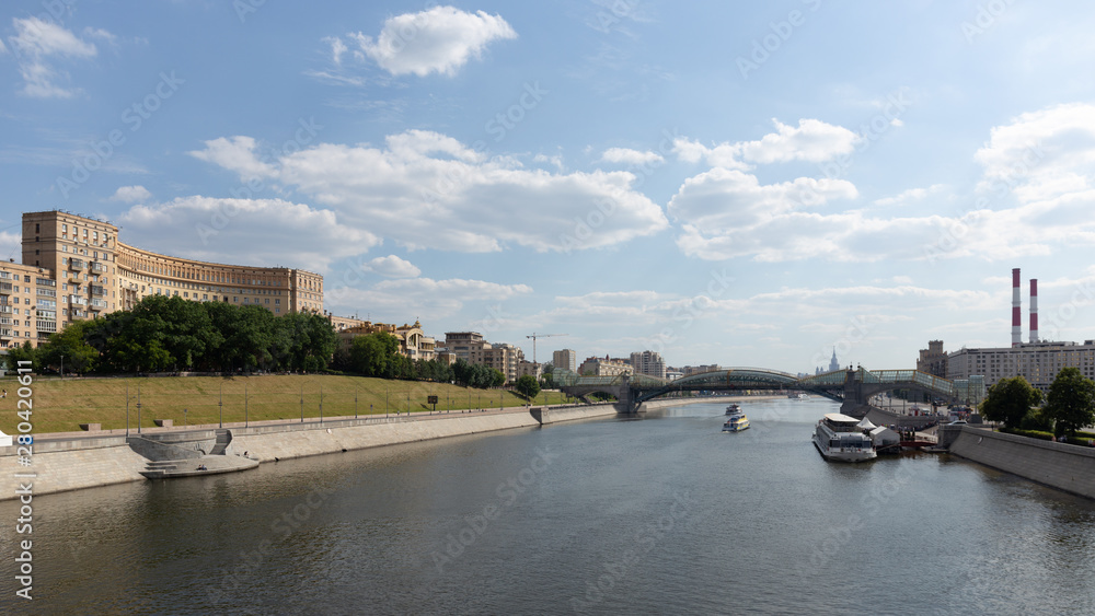 Panoramic top view of the Moscow river and the Kremlin