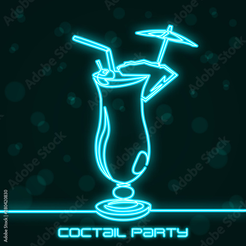 Cocktail Pina Colada. Cyanic neon. Continuous one line drawing. Vector.