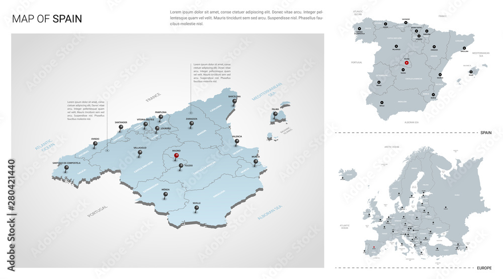 Fototapeta premium Vector set of Spain country. Isometric 3d map, Spain map, Europe map - with region, state names and city names.