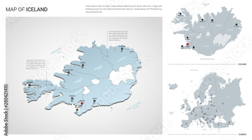 Vector set of Iceland country. Isometric 3d map, Iceland map, Europe map - with region, state names and city names.