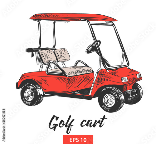 Vector engraved style illustration for posters, decoration and print. Hand drawn sketch of golf cart in red isolated on white background. Detailed vintage etching style drawing.