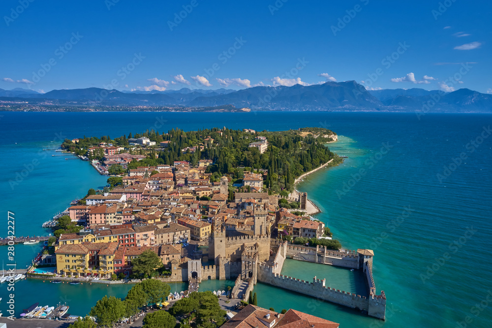 Aerial photography with drone, lake Garda, Sirmione del Garda, Italy.