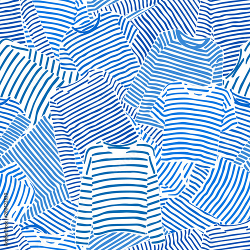 Obraz na plátně Hand drawn blue striped longsleeve t-shirts seamless pattern.