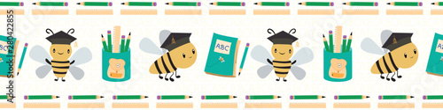 Cute going back to school border with bees, books and pencils. Seamless vector pattern on white textured background. Great for children, school, education, spelling bee products, stationery