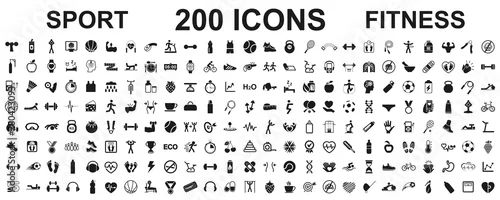 Obraz Ustaw 200 izolowanych ikon spotr - fitness. Sprawności fizycznej ćwiczenie, sporta treningu stażowa ilustracja - akcyjny wektor