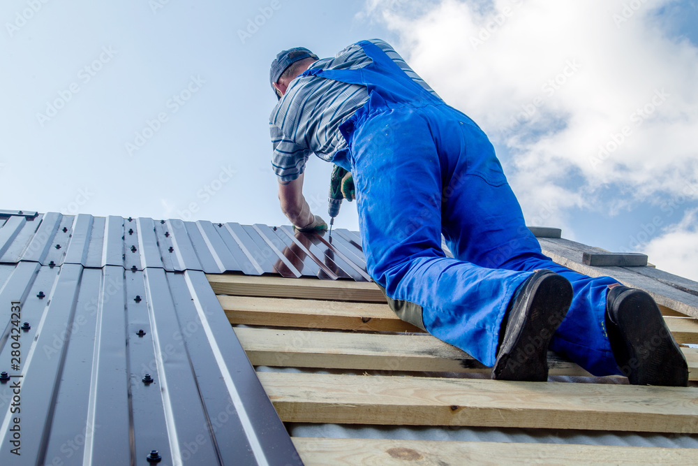 Fotografie an employee performs roofing work, for fixing sheeting with self-tapping screws