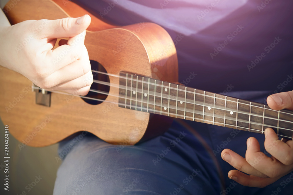 Obraz premium A guy in a blue t-shirt and light jeans plays a ukulele with nylon strings, illuminated by pleasant sunlight.