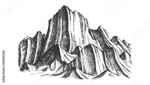 Peak Of Rocky Mountain Landscape Monochrome Vector. Mountain Versant Rock Peak Felsenwand Adventure Wilderness Place Concept. Designed Slope Clift Template Black And White Illustration