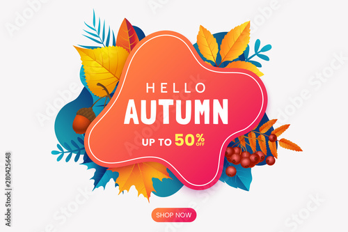Fall sale banner design. Autumn sale sticker template. Abstract geometric background with colorful falling leaves. Fallen foliage backdrop. Promo badge for your seasonal design. Vector illustration.