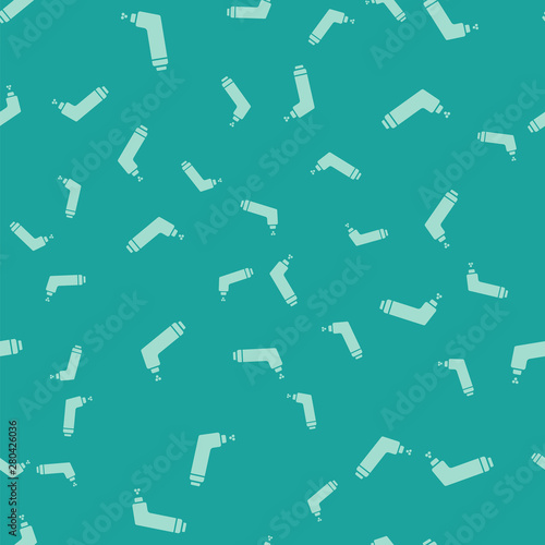 Green Inhaler icon isolated seamless pattern on green background. Breather for cough relief, inhalation, allergic patient. Medical allergy asthma inhaler spray. Vector Illustration