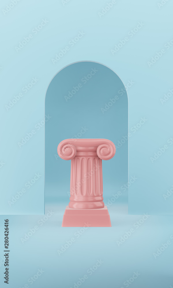 Abstract podium pink column on the blue background with arch. The victory pedestal is a minimalist concept. 3D rendering. Abstract podium pink column on the blue background with arch. The victory pedestal is a minimalist concept. 3D rendering.