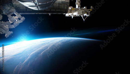 Fototapeta Naklejka Na Ścianę i Meble -  View of planet Earth from a space station window during a sunrise 3D rendering elements of this image furnished by NASA