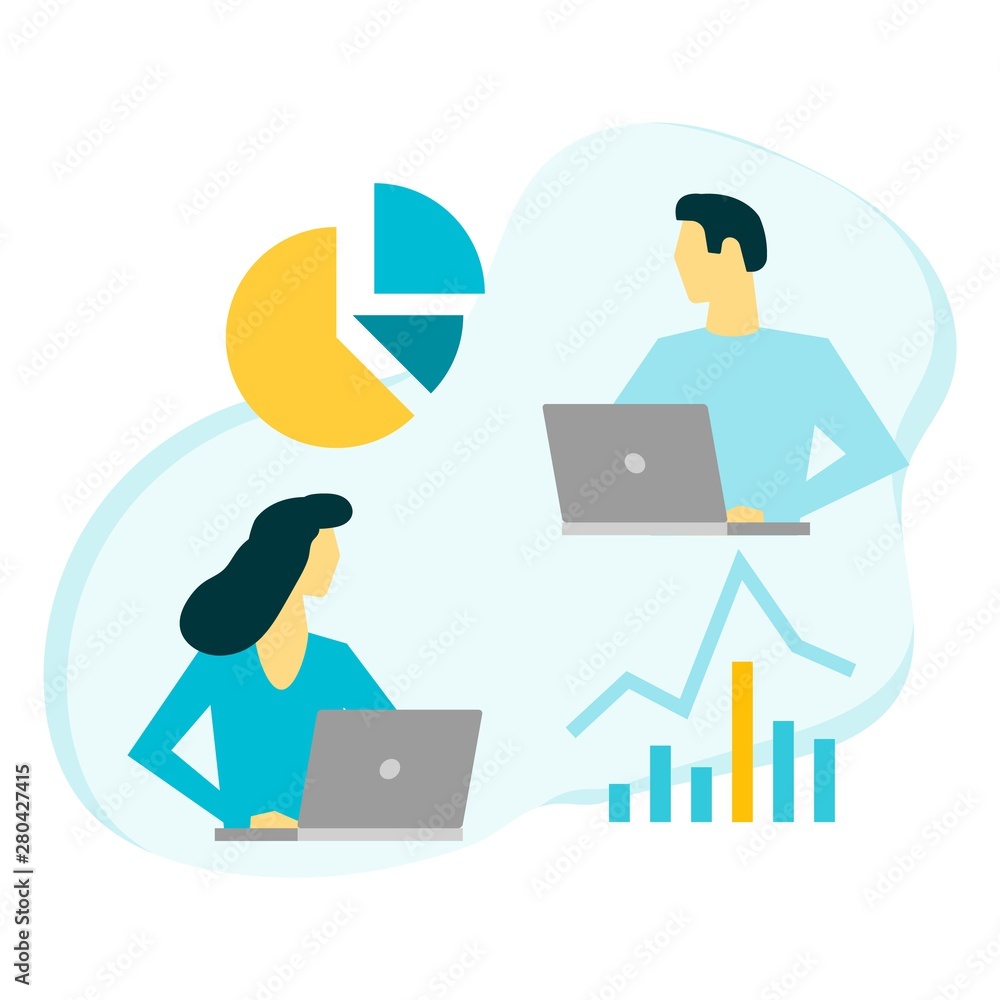 Businessman and business woman analyze data with graphics