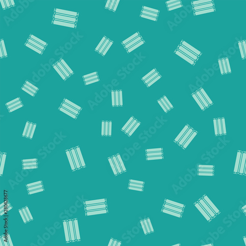 Green Wooden box icon isolated seamless pattern on green background. Grocery basket, storehouse crate. Empty wooden container for vegetables, products. Vector Illustration