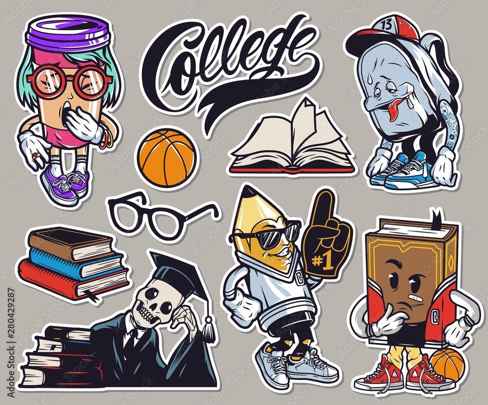 Vintage colorful college funny characters set