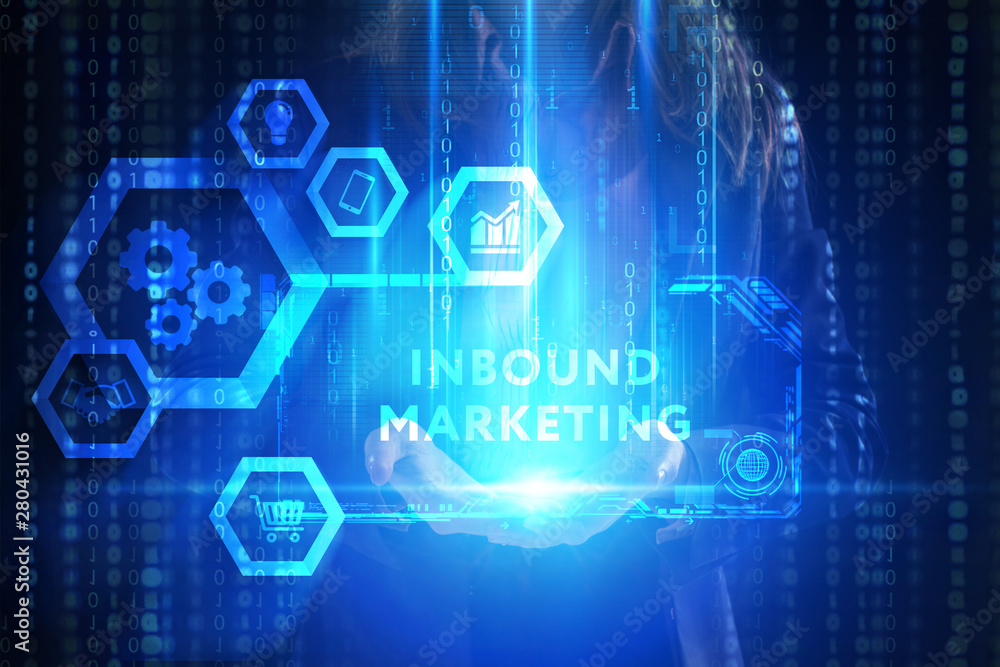 The concept of business, technology, the Internet and the network. A young entrepreneur working on a virtual screen of the future and sees the inscription: Inbound marketing The concept of business, technology, the Internet and the network. A young entrepreneur working on a virtual screen of the future and sees the inscription: Inbound marketing