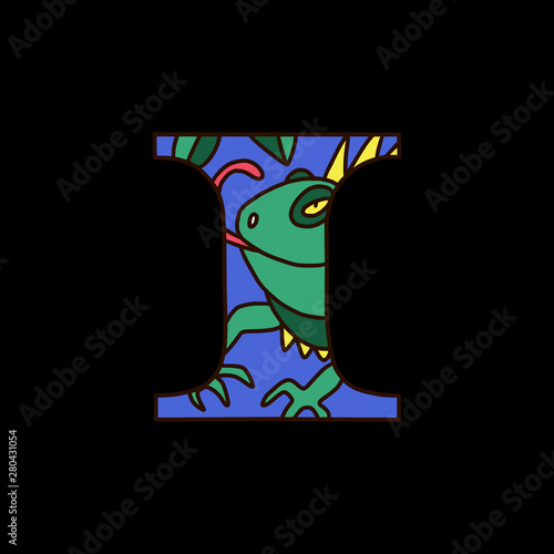 Serif alphabet letter i with doodle iguana