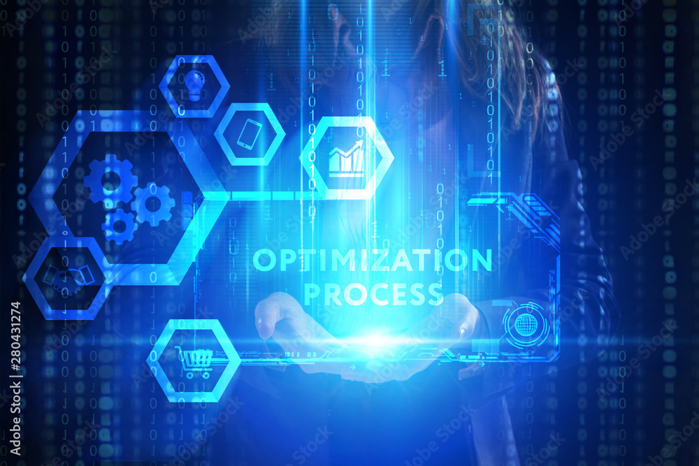 Obraz premium The concept of business, technology, the Internet and the network. A young entrepreneur working on a virtual screen of the future and sees the inscription: Optimization process