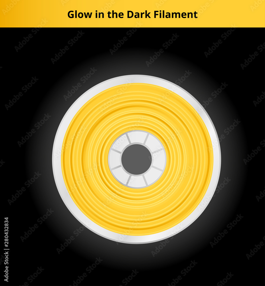 Vector illustration of yellow phosphorescent glow in the dark filament for  3D printing wounded on the