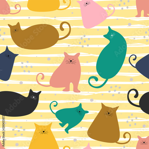 Funny cat seamless pattern colorful decoration. Childish graphic cover for design kid birthday card, party wallpaper, holiday wrapping paper, shop sale advertising, textile, dress, bag print, t shirt.