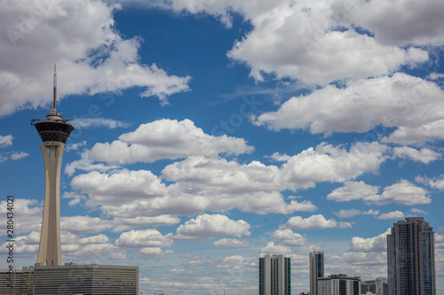 Las Vegas skyscrappers against blue sky with clouds background, Nevada USA