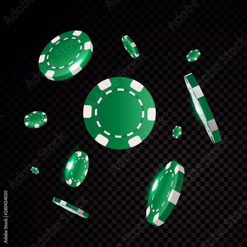 Red casino poker chips flying in front of black background