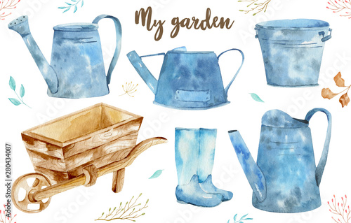 Watercolor vintage gardening tools rusty tin watering can for watering flowers, garden car, galoshes. Hand drawn isolated illustration on white background.