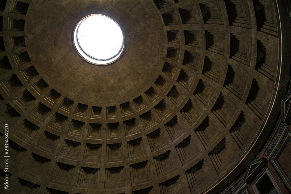Upward picture of the amazing architecture ceiling of Pantheon.Rome Italy.