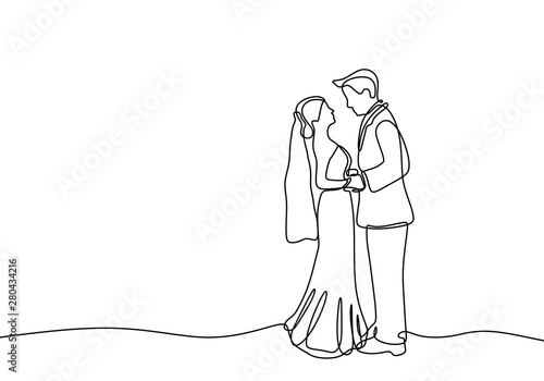 Continuous line couple in wedding dress lovable theme isolated on white background
