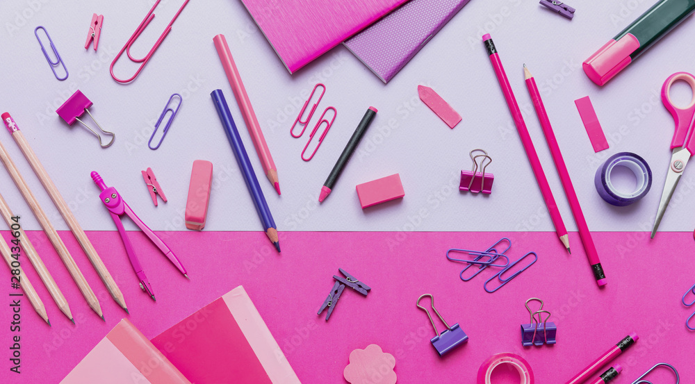 Flat lay of office, school stationery on pink background Flat lay of office, school stationery on pink background