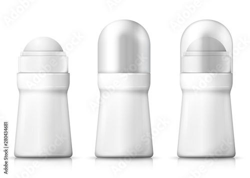 Vector 3d realistic set of white deodorant bottles with plastic transparent and silver caps, open and closed. Mock-up for product package branding.