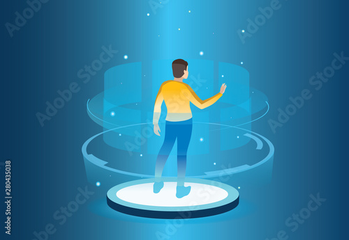 Vr, virtual augmented reality and futuristic banking concept with characters. Gadget of the future, smartphone tech for payment. Flat Isometric character vector illustration.