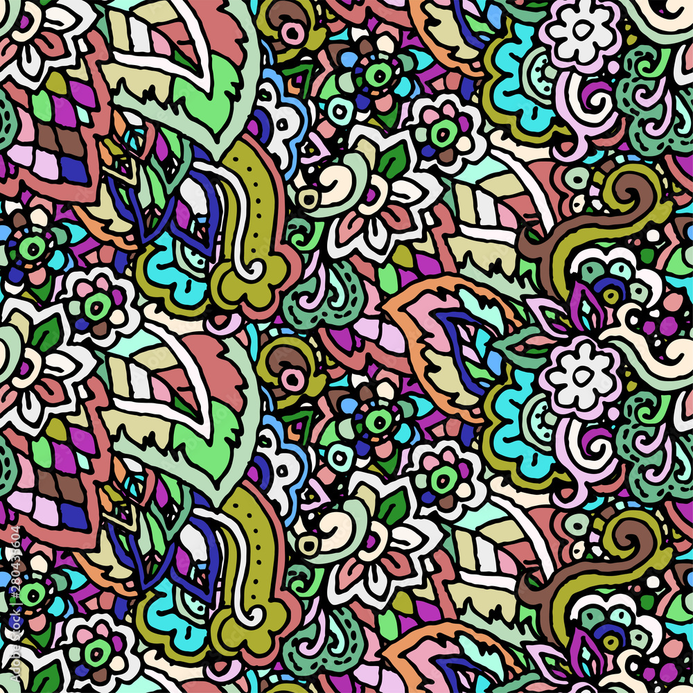 Vector hand drawn line seamless illustration of abstract colored flower and leaves Vector hand drawn line seamless illustration of abstract colored flower and leaves