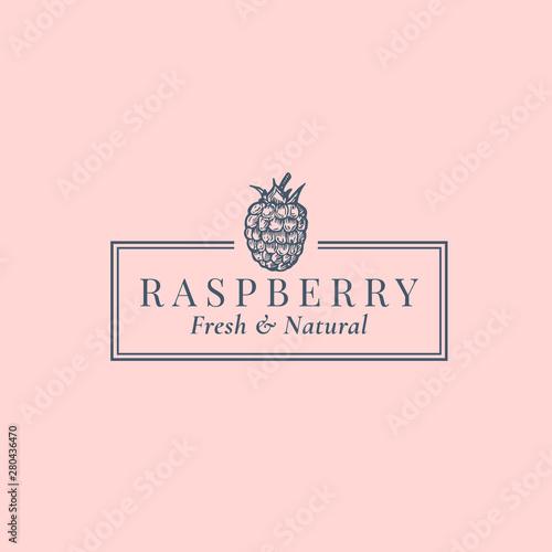 Raspberry Abstract Vector Sign, Symbol or Logo Template. Hand Drawn Berries Sillhouette Sketch with Elegant Retro Typography and Frame. Vintage Luxury Emblem.