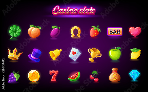Colorful slots icon set for casino slot machine, gambling games, icons for mobile arcade and puzzle games vector
