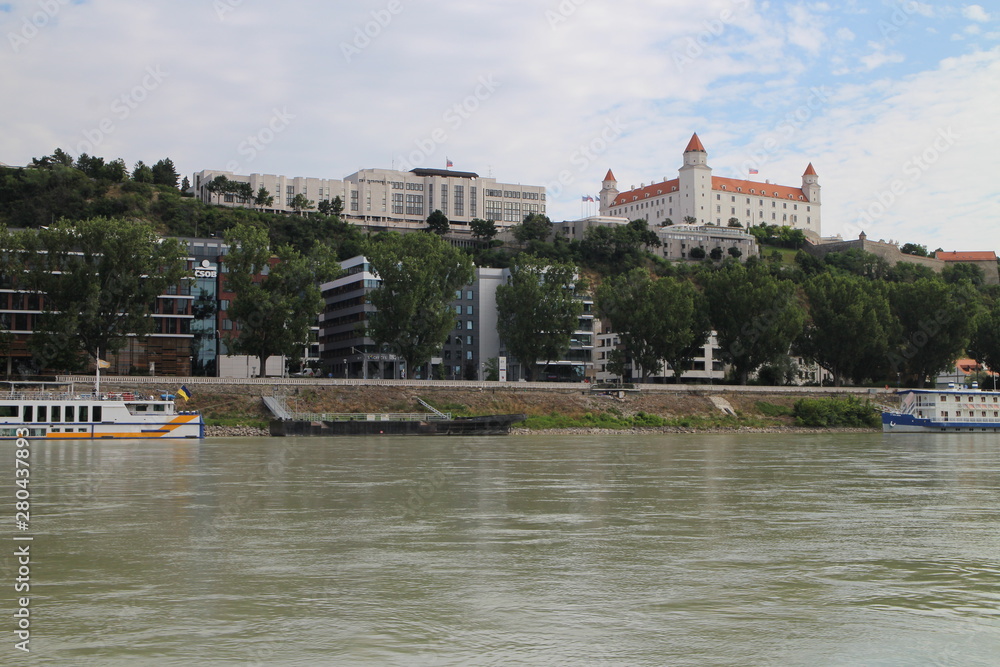 Riverbank of Danube river with Bratislava castle, Bratislava, Slovakia
