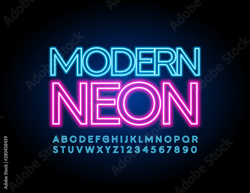 Vector modern Neon Font. Blue glowing Alphabet Letters and Numbers.