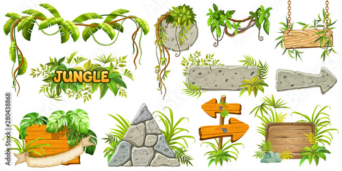 Set cartoon game wooden and stone panels in jungle style with space for text. Isolated gui elements with tropical lianas, rocks and boards. Vector illustration on white background.